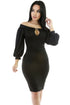 Sexy Black Puffs Peep Hole Off Shoulder Midi Bodycon Dress